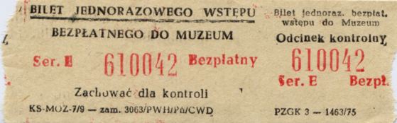 Bezpłatny bilet wstępu do muzeum, ogólnopolski, rok 1975