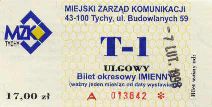 Tychy, bilet miesiczny T-1, 17.00z, 1998r.