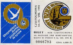 Czstochowa - bilet dla uczestnika wiatowego Dnia Modziey, 1991r.