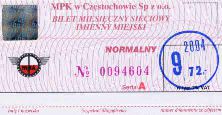 Czstochowa, bilet miesiczny, wrzesie 2004, 72z