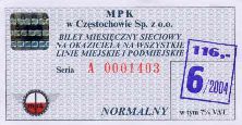 Czstochowa, bilet miesiczny, czerwiec 2004, 116z
