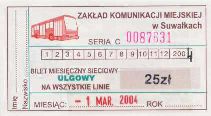 Suwaki, bilet miesiczny sieciowy ulgowy, 25z; rok 2004
