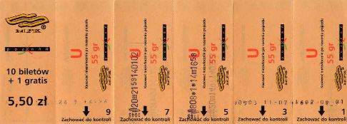 Pozna - rok 2002, karnet 11-przejazdowy ulgowy, 5,50z (odcinki nieparzyste)