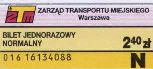 Warszawa, bilet jednorazowy miejski normalny, 2.40z, seria 016