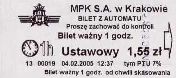 Krakw, rok 2005 - bilet z automatu stacjonarnego, 1,55z
