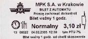Krakw, rok 2005 - bilet z automatu stacjonarnego, 3,10z