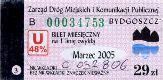 Bydgoszcz, bilet miesiczny na 1 lini zwyk, U48%, 29z - marzec 2005