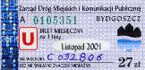 Bydgoszcz, bilet miesiczny na 1 lini, ulgowy, 27z - listopad 2001
