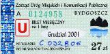 Bydgoszcz, bilet miesiczny na 1 lini, ulgowy, 27z - grudzie 2001