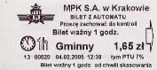 Krakw, rok 2005 - bilet z automatu stacjonarnego, 1,65z