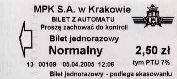 Krakw, rok 2005 - bilet z automatu stacjonarnego, logo po prawej - 2,50z