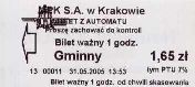 Krakw, rok 2005 - bilet z automatu stacjonarnego, strzaka i logo po lewej - 1,65z