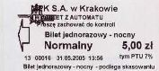 Krakw, rok 2005 - bilet z automatu stacjonarnego, strzaka i logo po lewej - 5,00z, nocny normalny