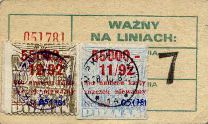 Pozna, bilet okresowy na okaziciela; znaczki za 55000z z 1992 roku