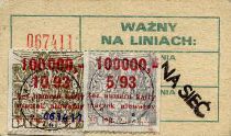 Pozna, bilet okresowy na okaziciela; znaczki za 100000z z 1993 roku