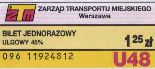 Warszawa, bilet jednorazowy miejski ulgowy 48%, 1.25z, seria 096