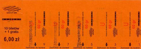 Pozna - rok 2005, karnet 11-przejazdowy ulgowy, 6,00z (odcinki nieparzyste)