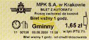 Krakw, rok 2005 - bilet z automatu stacjonarnego - 1,65z