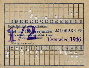 Krakw, bilet na 100 przejazdw, czerwiec 1946