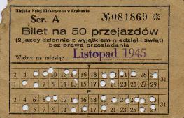 Krakw, bilet na 50 przejazdw, listopad 1945