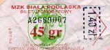Biaa Podlaska - 45gr (p1,40z), seria A, numer biletu czarny