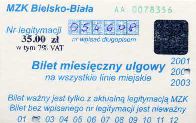 Bielsko-Biaa - bilet miesiczny ulgowy na wszystkie linie miejskie, 35,00z