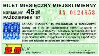 Warszawa, miesiczny miejski imienny normalny, 45z - padziernik 1997