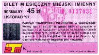 Warszawa, miesiczny miejski imienny normalny, 45z - listopad 1997
