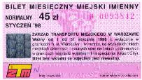 Warszawa, miesiczny miejski imienny normalny, 45z - stycze 1998
