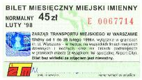 Warszawa, miesiczny miejski imienny normalny, 45z - luty 1998