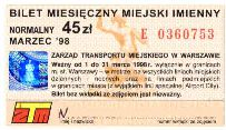Warszawa, miesiczny miejski imienny normalny, 45z - marzec 1998