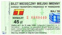 Warszawa, miesiczny miejski imienny normalny, 45z - maj 1998