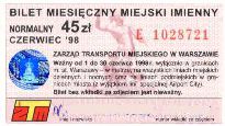 Warszawa, miesiczny miejski imienny normalny, 45z - czerwiec 1998