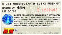 Warszawa, miesiczny miejski imienny normalny, 45z - lipiec 1998