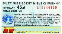 Warszawa, miesiczny miejski imienny normalny, 45z - wrzesie 1998