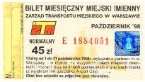 Warszawa, miesiczny miejski imienny normalny, 45z - padziernik 1998